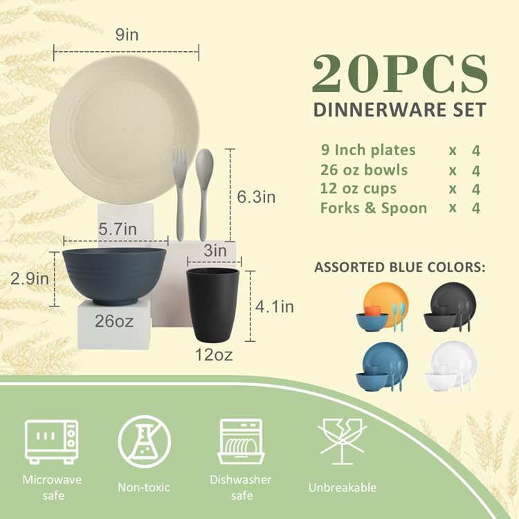 Wrova Wheat Straw Dinnerware Sets for 4, 20-Piece Reusable Kids Plates and Bowls Sets with Flatwares, Unbreakable Bowls and Plates Sets with Cups, Microwave Safe Dishes Set for Kitchen. Black & Grey - color: Black to Grey, size: 20 Pack