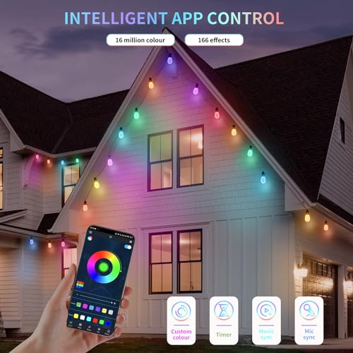 CAWWS Outdoor String Lights 50FT, Outdoor Lights for Patio with 20 Dimmable RGBW LED Bulbs, IP66 Waterproof Shatterproof, with APP Control & Remote, 24V Adapter Color Change,for Backyard Décor - size: 50ft