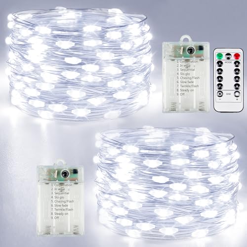 2 Pack Fairy Lights Battery Operated with Remote Control & Timer, Each 26FT 80 LED String Lights Outdoor Indoor, 8 Modes Twinkle Light for Christmas Party Wedding Birthday Bedroom Décor (Cool White) - color: Cool White, size: 2 Pack 80led