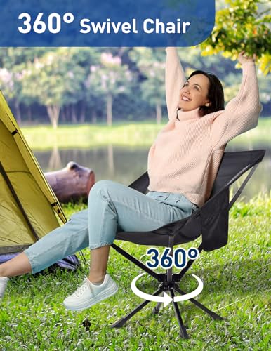 Docusvect Swivel Portable Camping Chair for Adults, Fast Setup, Lightweight & Small Folding Chair with Cup Holder, Side Pocket and Carry Bag - Support 330 LBS - color: Black