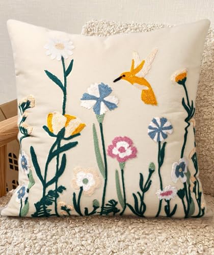 Embroidered Throw Pillow Cover 18x18 Inch - Spring Summer Boho Decorative Pillow Cover with Zipper for Living Room Couch Sofa Bed Aesthetic Design Flower Bird Cushion Pillowcase - color: Flower Bird, size: 18" x 18" (Pack of 1)