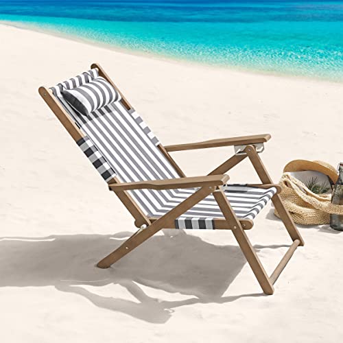 Lavish Home Beach Chair - Outdoor Weather-Resistant Wood Folding Chair with Backpack Straps - 4-Position Reclining Seat - Beach Essentials (Gray) - color: Grey, style: Set of 1