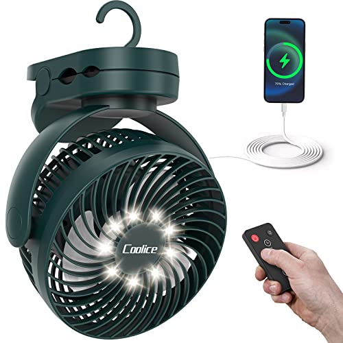 Camping Fan with Remote Control - 12000mAh Rechargeable Battery Powered Fan, Camping Fans for Tents with LED light & Hanging Hook, Rechargeable Battery Operated Ceiling Fans for Tent RV Bed, Green - color: Green