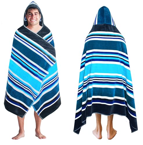 COTTON CRAFT Hooded Beach Towel – Oversized 39 x 68 Towel with Hood for Adults - 100% Ringspun Cotton Velour Terry Towel Stripe Bath Wrap - Super Soft Plush Absorbent Quick Dry – 450 GSM – Cancun Blue - color: Cancun Blue Multi, size: 1 Pack - 39x68 Hoode