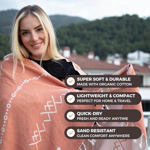 FESHKA Sand Proof Turkish Beach Towel – Oversized, Quick Dry & Lightweight Travel Towel - 100% Organic Cotton Beach Blanket - Perfect for Bath, Pool & Picnic | Gingerbread (Rust) - color: 09 - Rust