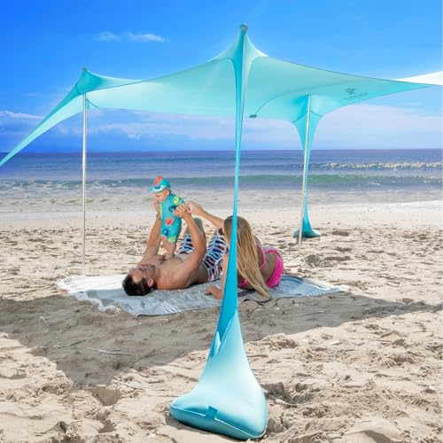 SUN NINJA Beach Tent Sun Shelter UPF50+ - Easy Pop Up Beach Canopy - Outdoor Shade for Camping Trips, Fishing, Backyard Fun Picnics - Sand Shovel, Ground Pegs & Stability Poles - color: Green, size: 7x7.5 FT 4 Pole