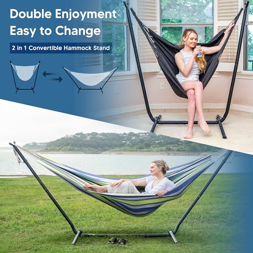 SUNCREAT 2-in-1 Convertible Backyard Fabric Hammock with Stand, Large Hammocks for Outside, Patented, Light Green Stripes - color: A-light Green Blue