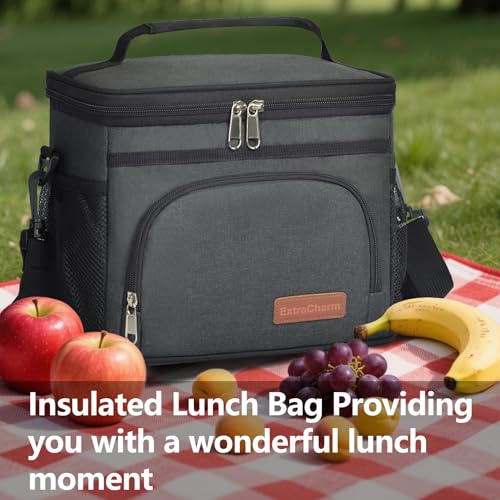 ExtraCharm Insulated Lunch Bag for Women/Men - Reusable Lunch Box for Office Picnic Hiking Beach - Leakproof Cooler Tote Bag Organizer with Adjustable Shoulder Strap for Adults - Black - color: Black