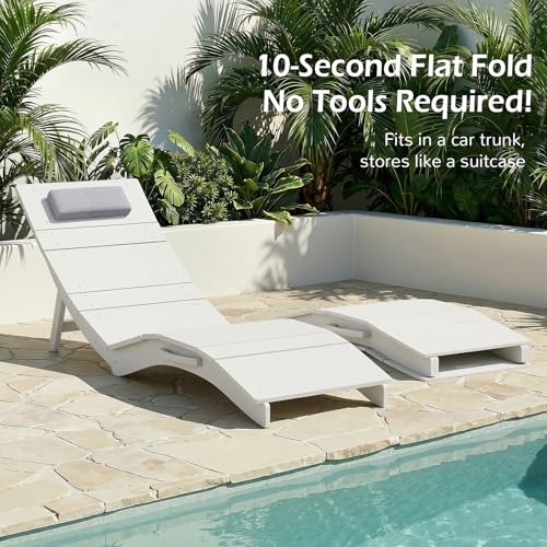 Stoog All-Weather Folding Pool Lounge Chairs, HIPS Anti-Floating Outdoor Chaise with Headrest, Heavy Duty Pool Chairs for Beach, Sun Deck, White - color: White