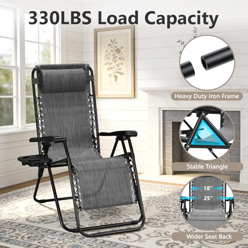 Zero Gravity Chairs Set of 2, Adjustable Lounge Chair Outdoor Recliner, Folding Reclining Lawn Chair, Anti Gravity Chair with Pillow & Cup Holder for Pool Camping Sunbathing Beach Patio (Gray) - color: Grey, size: 2pcs