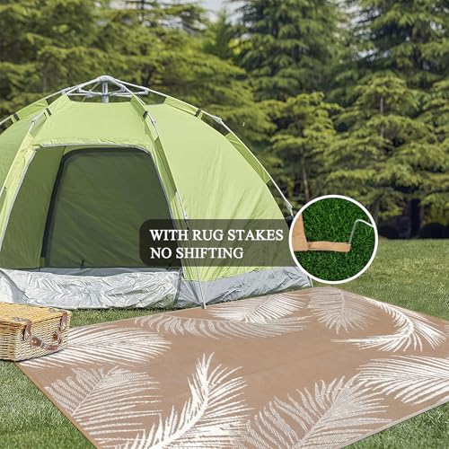 Pauwer Waterproof Outdoor Rug 5x8, Reversible Plastic Straw Patio Camping Rug, Indoor Outdoor RV Mat Carpet for Deck, Camper, Porch, Balcony, Backyard, Picnic, Leaf Brown - color: Leaf Brown, size: 5' x 8' (Rectangular)