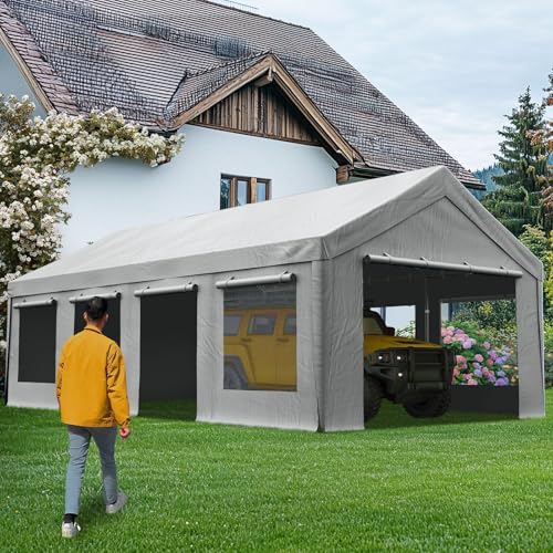 Quictent Heavy Duty 13x25 ft Carports with Side Zipper Doors & Snowproof Steel Cables & Ventilated Windows, Waterproof Storage Shelter for Car, Boat, RV, Outdoor Equipment, Gray - color: Gray, size: 13'x25'