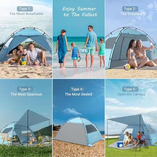 Elegear CumbreX™ Beach Tent Sun Shelter with Canopy, 4-5 Person Pop Up Beach Tent, Easy Setup UPF 50+ UV Protection Portable Lightweight Double Silver Coating Beach Cabana Sun Shade Shelter - Sky Blue - color: Sky Blue, size: 4-5 Person