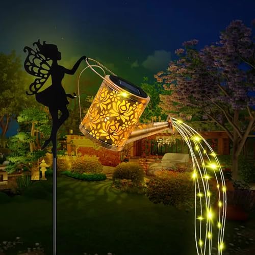 Solar Watering Can Lights,LED Solar Lantern String Light Outdoor Garden Waterproof Hollowed-Out Retro Metal Water Can Lights,for Garden Patio Yard Pathway Lantern Plant Decoration (Fairy) - color: Fairy