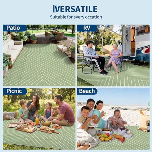 Garvee 8x10 Modern Striped Waterproof Outdoor Rug Reversible, Large Patio Camping Mat for RV, Backyard, Balcony, UV Protected Plastic Straw Outdoor Carpet, GreenWhite - color: Greenwhite, size: 8' x 10' (Rectangular)