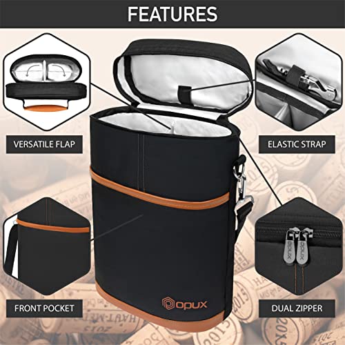 opux 2 Bottle Wine Carrier Tote, Insulated Leakproof Wine Cooler Bag, Wine Travel Bag Tote for Picnic BYOB Beach, Portable Wine Bottle Carrying Case, Gift for Wine Lover Women Men Christmas, Brown - color: Brown