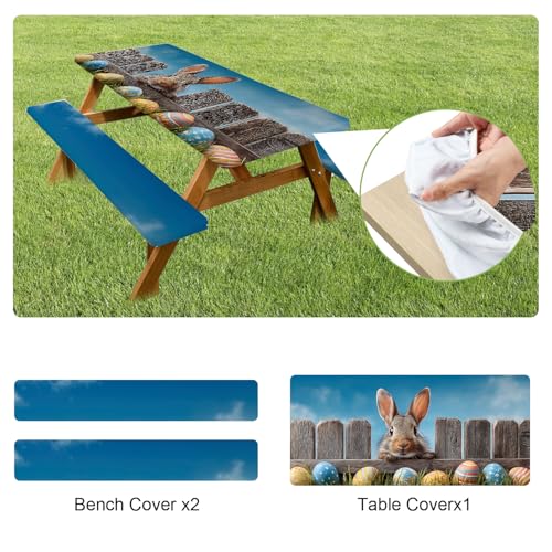 ANNA QUEEN Easter Outdoor Scene 6FT Picnic Table Cover with Bench Covers Set of 3 with Drawstring Bag, Bunny Fence Easter Eggs 72"x30" Waterproof Picnic Tablecloth & Bench Covers - color: #61