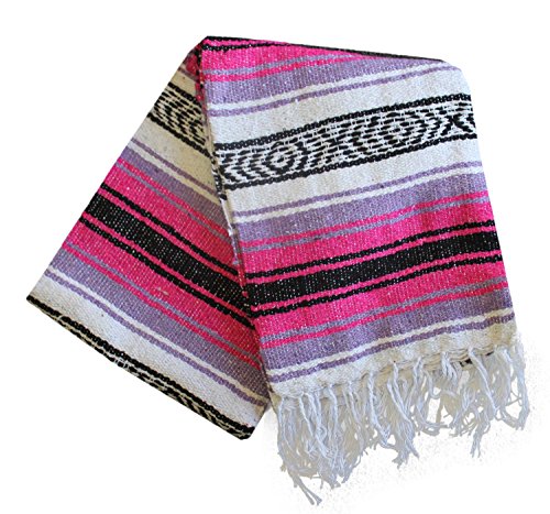 Del Mex Classic Mexican Blanket, Large Authentic Woven Falsa Throw (70"x50"), Artisan Southwest Décor for Beach, Yoga, Outdoors (Pink/Purple) - color: Pink/Purple