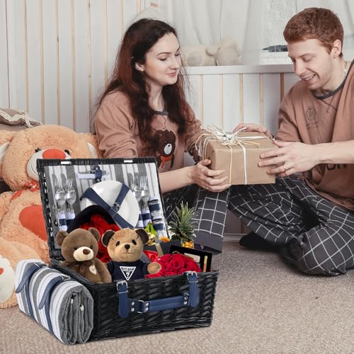 Wicker Picnic Basket for 4 with Waterproof Picnic Blanket and Insulated Cooler, Willow Hamper for Camping, Outdoors, Photoshoot, or a Birthday, Mother's Day, Wedding Gift, Black - color: Grey＆white Stripe