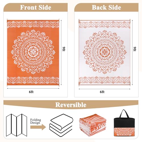 Pauwer Waterproof Outdoor Rug 6x9, Reversible Plastic Straw Patio Camping Rug, Indoor Outdoor RV Mat Carpet for Deck, Camper, Porch, Balcony, Backyard, Picnic, Floral Orange - color: Floral Orange, size: 6' x 9' (Rectangular)