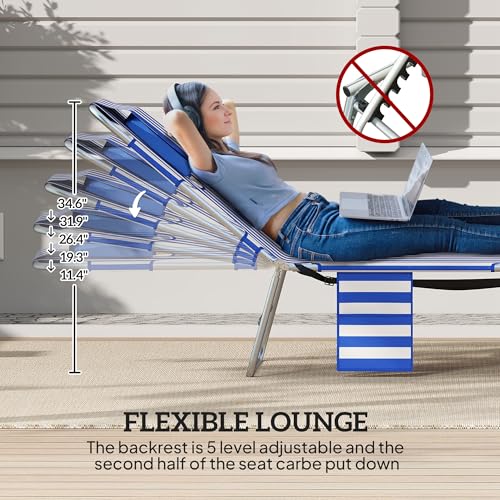 Outsunny Chaise Lounge Chair Outdoor with Face Arm Hole, 5-Position Reclining Face Down Tanning Chair with Carry Strap, Side Pocket, Portable Folding Bed Cot for Patio Beach Pool, Blue Stripe - color: Blue Stripes, size: 1 Piece