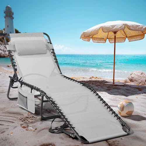 Unovivy Outdoor Chaise Lounge Chairs Set of 2, Portable Folding Pool Lounge Chair with 5-Position Reclining Back, Teslin Tanning Chair for Pool, Beach, Patio, Sunbathing - color: Grey