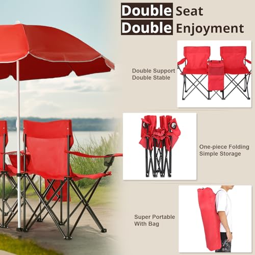 Double Camping Chair for Adults,Portable Outdoor 2-Seat Folding Beach Chair with Removable Sun Umbrella (Cup Holder+Cooler Bag+Mini Table) Support 360 LBS for Camping/Car Trunk/Lawn/Beach/Campfire Red - color: Red