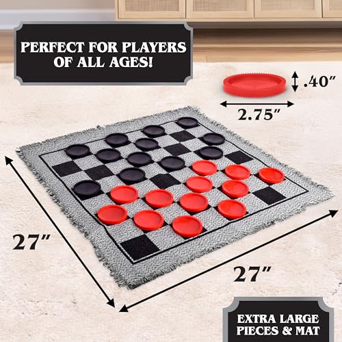 3-in-1 Vintage Giant Checkers Set, Tic Tac Toe with Reversible Mat, 24 Jumbo Chips, Family Board Game, Lawn Game, BBQ Party Favor, Indoor and Outdoor Activity for Kids and Adults
