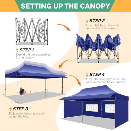 COBIZI 10x20 Pop Up Canopy Tent with Awning & Sidewalls, Heavy Duty Commercial 10X20 Canopy Tents Instant Waterproof, UPF 50+ Sun Shade for Outdoor, Parties, Markets (Deep Blue) - color: Deep blue, size: 10x20FT with 4 Sidewalls & 1 Awning Cloth