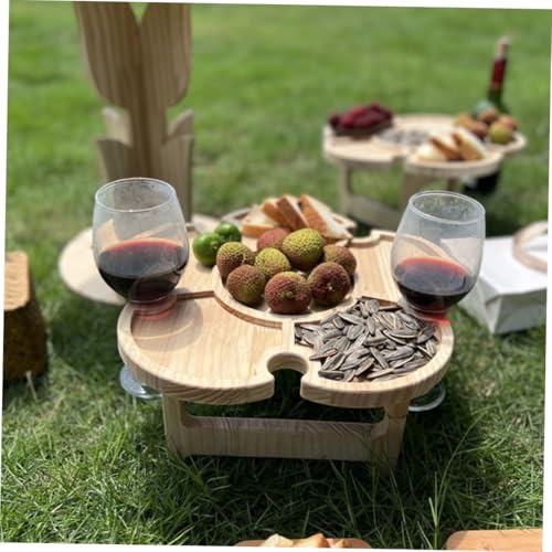 Portable Folding Beach Table for Outdoor Picnic and Camping, Wood Wine Desk with Wine Holder Tray, 35cm Diameter Portable Beverage Table for Patio and Lawn Use