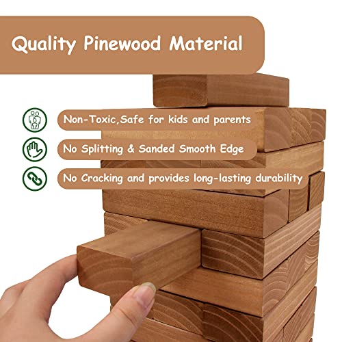 Juegoal 54 Pieces Giant Tumble Tower Blocks Game Giant Wood Stacking Game with 1 Dice Set, Gameboard, Canvas Bag for Adult, Kids, Family, Brown - color: Brown, size: Large