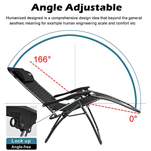 VINGLI Upgraded Zero Gravity Chair Set of 2 Lounge Outdoor Chairs with Trays and Pillows, Folding Patio Recliner Chairs for Backyard Poolside Garden - color: Black