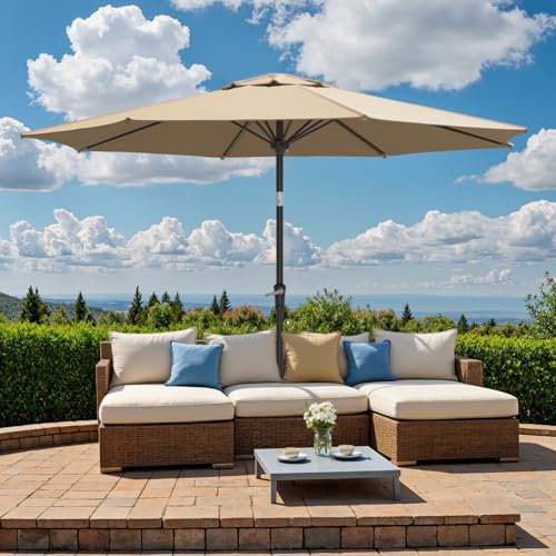Outdoor Patio Umbrella, Table Umbrella with Push Button Tilt and Crank, 8 Ribs Market Umbrella - color: Beige-Steel Ribs, size: 9FT