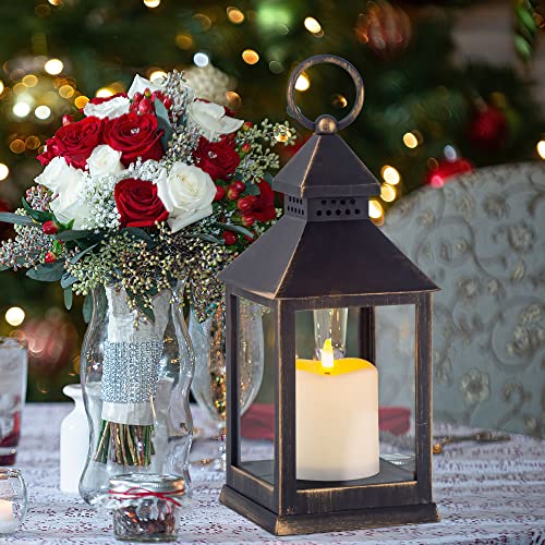 Vintage Golden Brushed Black Lantern Decorative LED Flickering Flameless Candle with Timer, Battery Powered LED Decorative Hanging Lanterns for Indoor Outdoor Garden Yard Home Decor(4 Pack) - color: A-Black gold, size: 4Pack