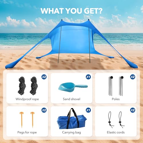 Beach Tent Shade Canopy with UPF50+ Protection Sun Shelter Umbrella Portable Camping Tents with Sandbags Poles and Ground Pegs and Anti-Wind Ropes for Beach Outdoor Camping Backyard Picnics 7.5X7.5Ft - style: 7.5x7.5FT beach tent