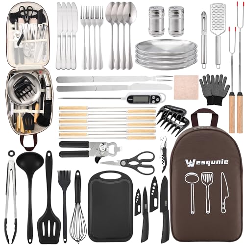 Camping Essentials Cookware Cooking Utensils Set - Portable Camp Kitchen Mess Kit Outdoor Accessories, Stainless Steel & Silicone, Camping Gear Equipment for RV Picnic Grill,Brown Pro - color: Brown pro