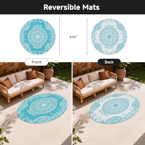 Pauwer Waterproof Outdoor Rug 6ft, Reversible Plastic Straw Patio Camping Rug, Indoor Outdoor RV Mat Carpet for Deck, Camper, Porch, Balcony, Backyard, Picnic, Boho Teal - color: Boho Teal, size: 6' (Round)