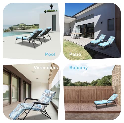 JMGBird 73" Outdoor Chaise Lounge Cushion - Waterproof Tri-Fold Patio Chair Cushion with Removable Cover, Thick Padded for Pool Garden Furniture - color: Light Blue With White