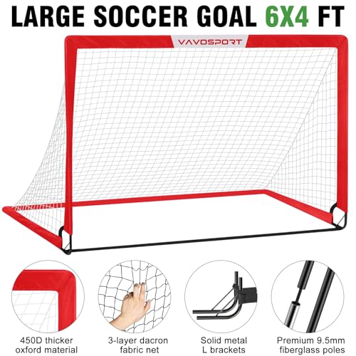 VAVOSPORT Soccer Goal, 2 of 6'x4' Kids Soccer Goals for Backyard Set, Portable Pop Up Soccer Net, Practice Soccer Training Equipment with Ball, Cones for Toddler,Youth Sports Outdoor Games Yard Play - color: Red