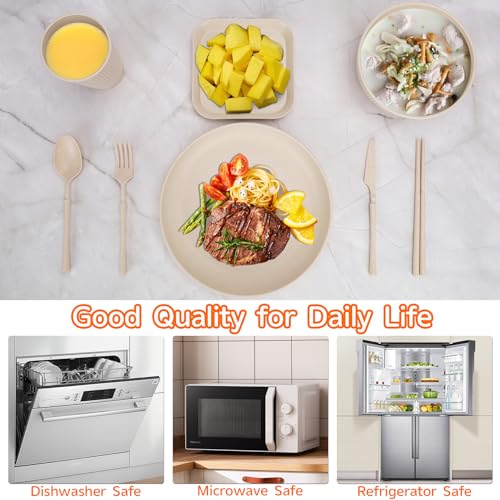 48 Pcs Dinnerware Sets, Unbreakable Plates and Bowls Sets, Reusable Dinnerware Sets for 4 People, Travel Camping Picnic Home Party Cutlery Set, Dishwasher Microwave Safe Dishes - color: 48pcs Beige, style: 48PCS