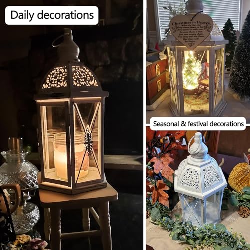 Lantern Decorative Indoor & Outdoor, 14.5'' Candle Lantern Farmhouse Home Decor, Hexagon Vintage Hanging Metal Candle Holder for Front Porch Shelf Patio Wedding Party, Christmas Decorations - color: White / 14.5''h