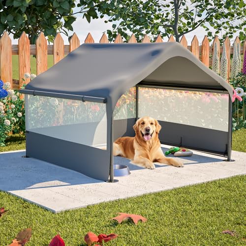 KEIKI Dog Shade Shelter Pet Tent Outdoor with 3-Sided Mesh Windows, Waterproof Sun Protection Pet House Animal Shelter for Dogs, Small Animals, 4'x4' x3.3', Gray - size: 47.5“x50"x37"