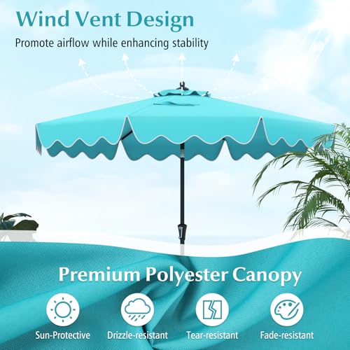 Tangkula 9Ft Patio Umbrella with Crank, 2-Tier Outdoor Umbrella with Push Button Tilt, Sun-Protective Canopy, 8 Ribs, Scalloped Patio Umbrella for Outdoor Beach Deck Pool Table (Turquoise) - color: Turquoise, size: 9Ft