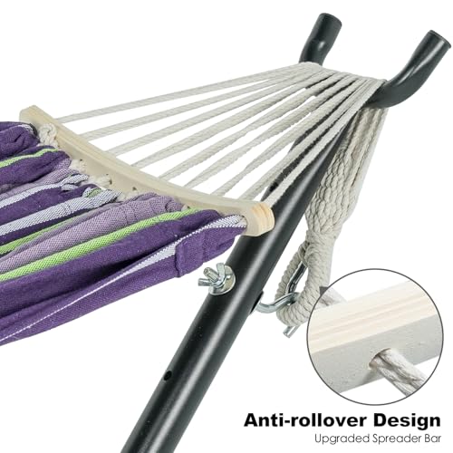 Gafete Double Hammock with Stand for Outside, Upgraded Spreader Bar, Heavy Duty Space Saving Steel Stand 2 Person, Side Pockets, Easy Assembly, 600lbs Weight Capacity (Tranquility Purple) - color: Ranquility Purple