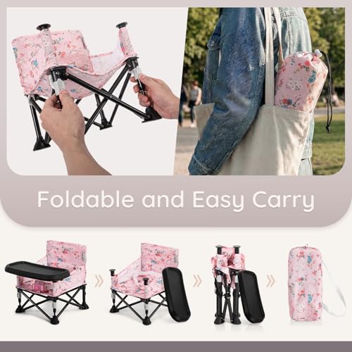 Booster Seat for Kitchen Chair with Removable Tray, Portable Foldable Baby Chair for Babies 6-36 Months, Indoor Outdoor Toddler Camping Chair (Pink Floral Design) - color: Pink Floral Booster Seat