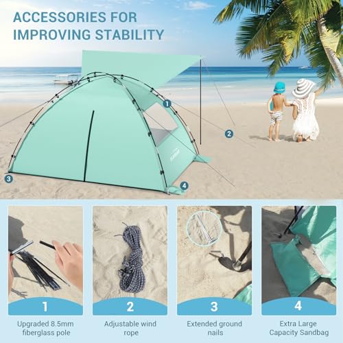 Elegear CumbreX™ Beach Tent Sun Shelter with Canopy, 4-5 Person Pop Up Beach Tent, Easy Setup UPF 50+ UV Protection Portable Lightweight Double Silver Coating Cabana Sun Shade Shelter - Green - color: Green, size: 4-5 Person