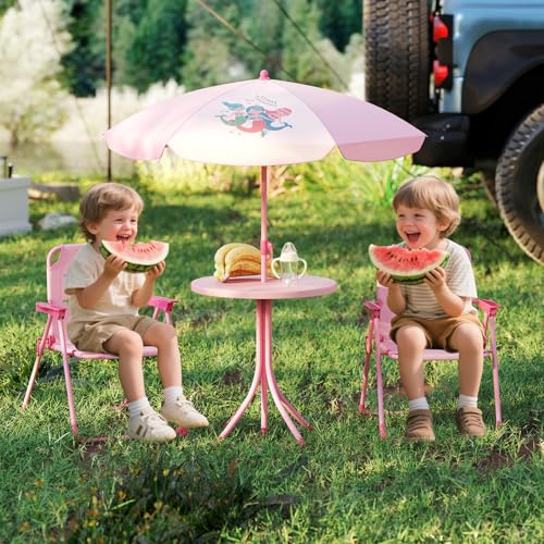 KOTEK Kids Picnic Table with Umbrella, Outdoor Table & 2 Folding Chairs, Cute Pattern Children’s Patio Furniture, Portable Kids Table and Chair Set for Backyard, Garden, Beach (Pink) - color: Pink Mermaid