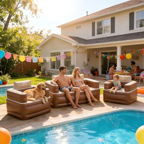 Inflatable Couch Set with Cup Holders & Pump, Velvety Air Sofa (1 Loveseat 60"x32"x34" & 2 Chairs 41"x32"x34") for Camping & Home - size: L+2 Set