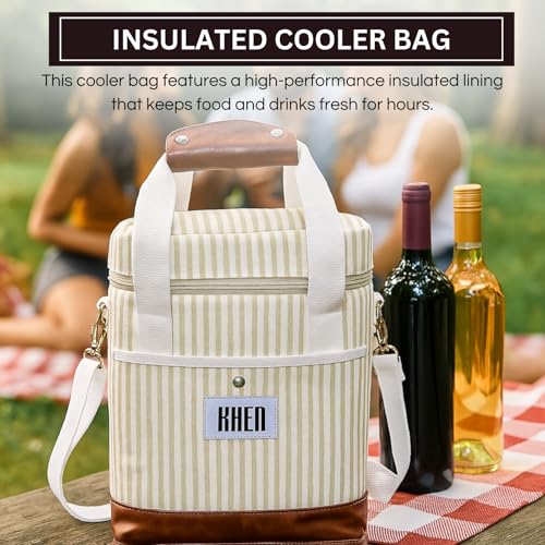 Khen 2 Bottle Wine Bag Carrier Tote - Leakproof & Insulated Padded, Leather Versatile Cooler Bag - Travel, Picnic, BYOB Restaurant, Party, Dinner, Gifts for Lovers, Portable Case, Gift for Men Women