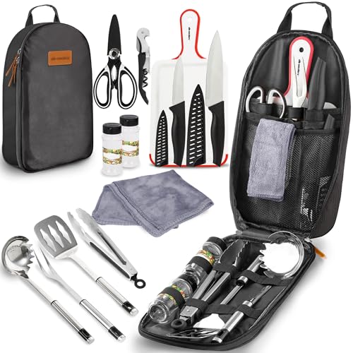 Wealers Camp Kitchen Cooking Utensil Set Travel Organizer Grill Accessories Portable Compact Gear for Backpacking BBQ Camping Hiking Travel Cookware Kit Water Resistant Case - color: 12 Pieces Black